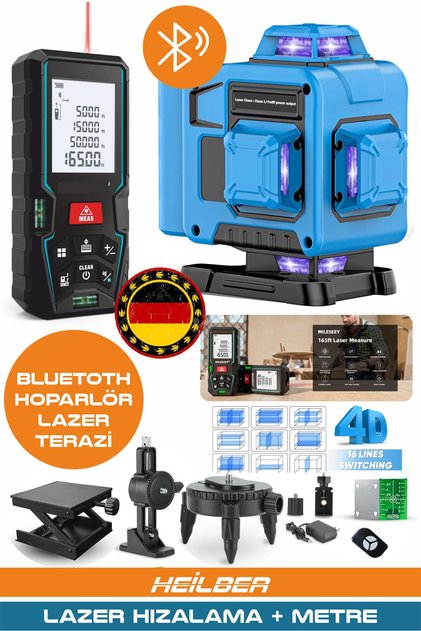 BA01068M 2'si 1 Arada Lazer Seti | 70m Ölçüm Cihazı + 16 Çizgili 360° 4 Köşe Lazer Hizalama | Şarjlı