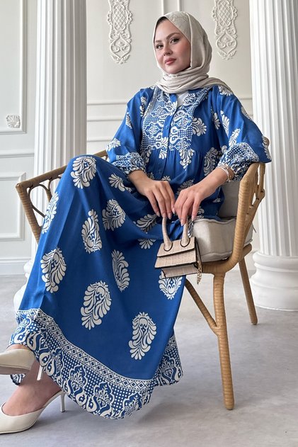 فستان من الفسكوز النيلي بنمط عرقي منقط