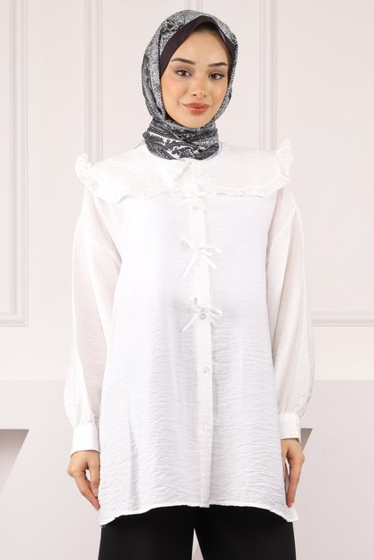 Ecru Baby Collar Bow Detailed Shirt