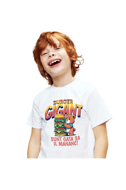 Tricou Copii cu Urs De Plus Cu Burger Gigant Fast Food mancare Animal cu imprime,White_4ANI