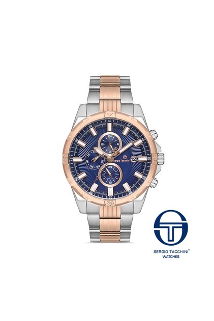 Men's Bi Color (Double Color)-Dark Blue Steel Case Round Dial Metal Band Wristwatch Quartz Mek