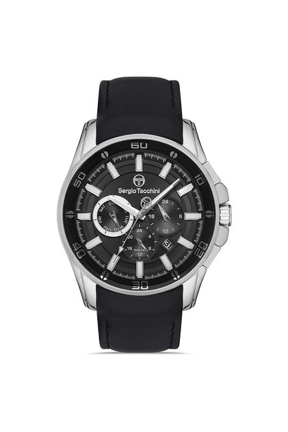 Men's Silver-Black Steel Case Round Dial Leather Band Wristwatch Quartz Movement Analog Display m