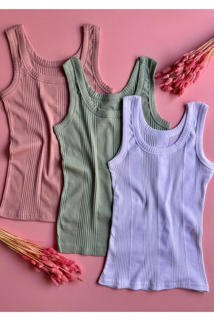 Linea Camisole 3-Piece Extra Bias Thick Strap Black, Green and Dusty Rose Color Women's Undershirt 60V15