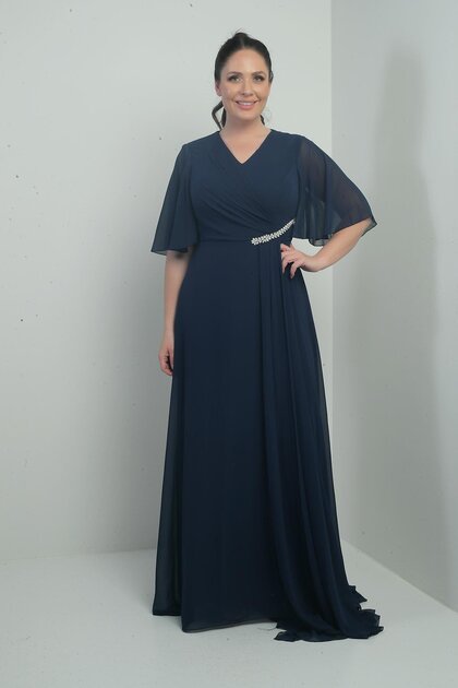 Women's V-Neck Waist with Stones Draped Lined Large Size Long Chiffon Dress
