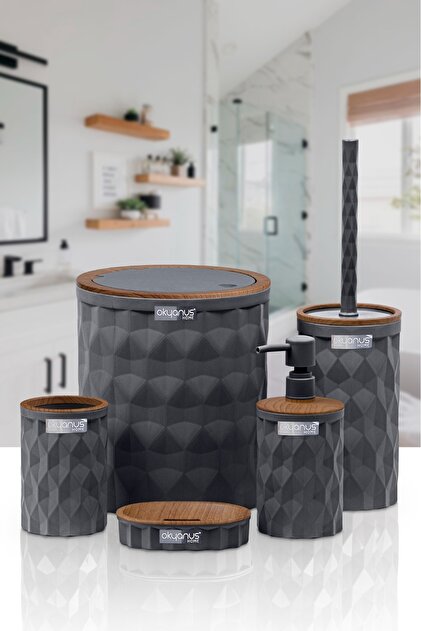 Okyanus Home Diamond Antrasit Ahşap Click Kapak 5'li Banyo Seti