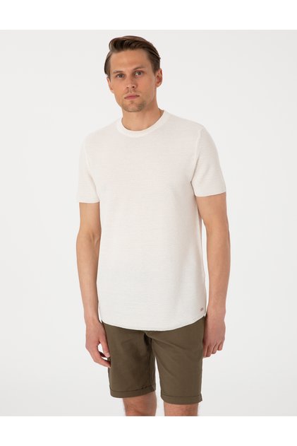 Ecru Slim Fit Linen Blended Crew Neck Knitwear T-Shirt 50305973-Vr019