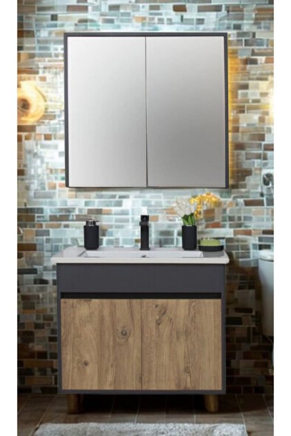 Aras Banyo Dolabı Takımı Antrasit/atlantik Çam 65 Cm Üstmodül (65X75)cm Alt Modül(65X70) Cm