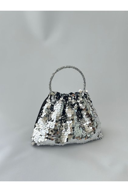 Silver Sequin Black Satin Evening Dress Handbag