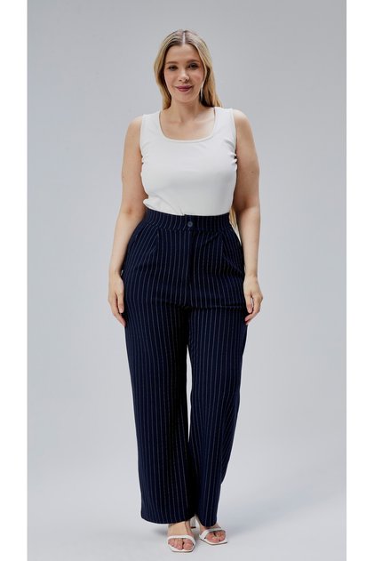 High-Waisted Pleated Lycra Women's Trousers - Navy Blue 5XL