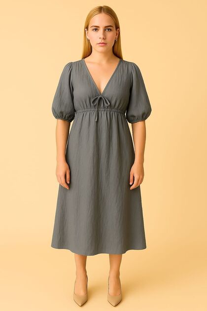 Gray 100% Cotton Muslin Fabric V-Neck Women's Dress