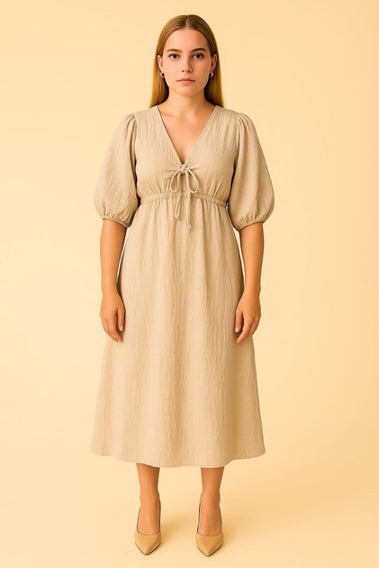 Stone 100% Cotton Muslin Fabric V-Neck Women's Dress