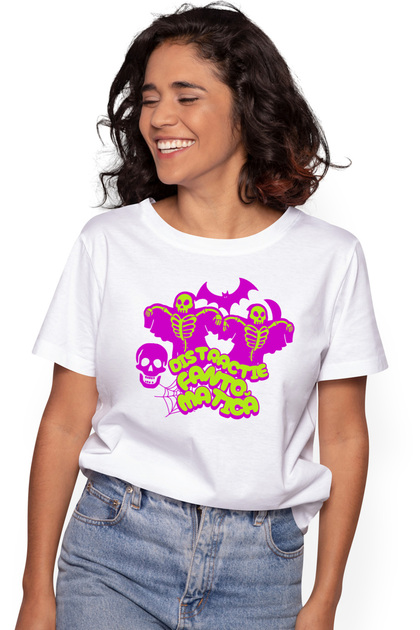 Tricou Femei Distractie Fantomatica schelete si craniu H4ALLowen cu imprimeu pe WHT_M