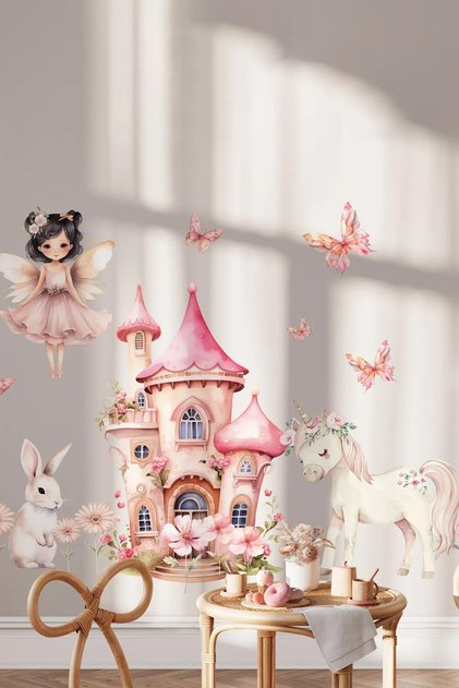 Set de autocolante de perete pentru camera fetelor, castelul prințesei, iepuraș, unicorn, flori și fluturi
