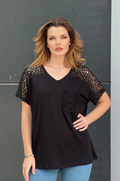 Women's Black Large Size V-Neck Shoulder and Pocket Laced Lycra Blouse
