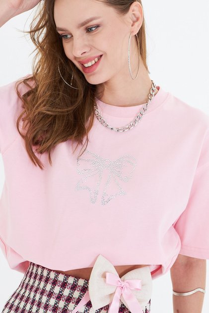 Stone Bow Embroidered 100% Cotton Women's Oversize T-Shirt