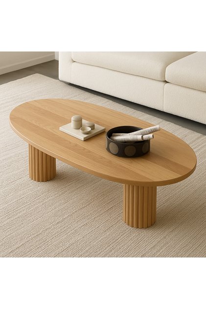 Oval Ahşap Orta Sehpa – Flüt Ayaklı, Modern Tasarım, Doğal Masif Kayın Ağacı