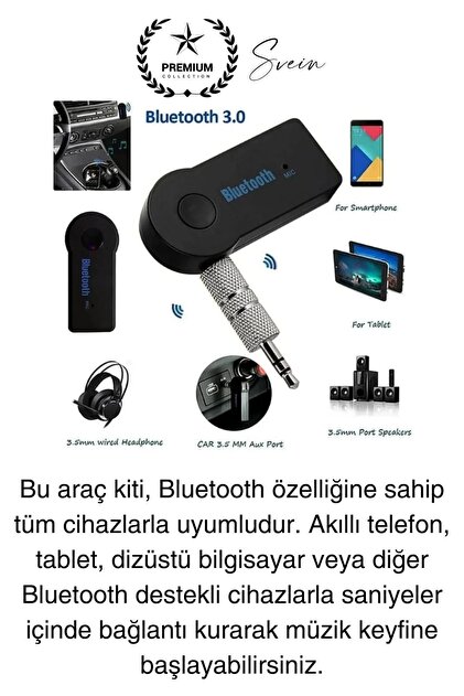Svein Şarjlı Blutooth Aux Araç Kiti Müzik Ses Alıcı Adaptörü 3.5mm