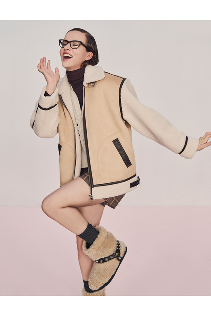 Pilot Jacket with Suede Look Faux Fur Detail and Belt
