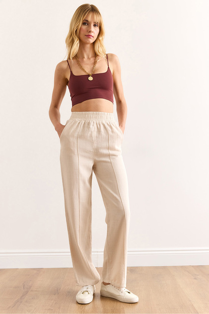 Women's Stone Waist Elastic Front Stitched Washable Buckle Linen Trousers Pnt-19000342