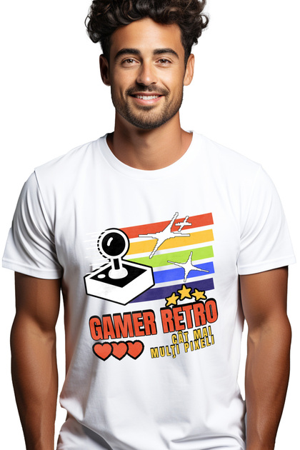 Tricou Barbati Gamer Retro. Cat Mai Multi Pixeli Veteran Cu Imprimeu Pe Fata, 100% Bumbac,stg
