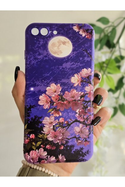Iphone 7 Plus / 8 Plus Uyumlu Sanatsal Manzaralı Pembe Çiçekler Desenli Şeffaf Telefon Kılıfı