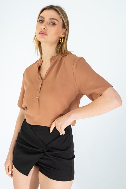 Women's Half Sleeve Viscose Half Placket Brown Shirt
