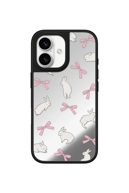 Apple iPhone 16 Compatible Mirror Case Rabbit Ribbon Pattern Anti-Shock Cover