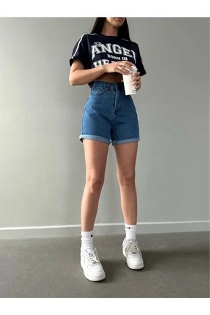 Kadın Mavi Kot Şort Duble Paça Denim Likralı Toparlayıcı Premium