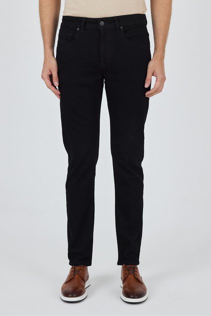 Black Gabardine 5 Pocket Straight Leg Casual Slim Fit Cotton Denim Trousers 1023250152