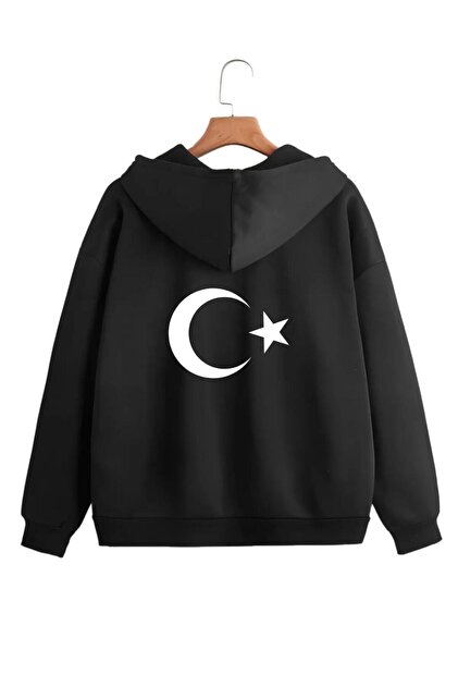 NO 601 Unisex Siyah Türk Bayraklı Fermuarlı Kapşonlu Hırka