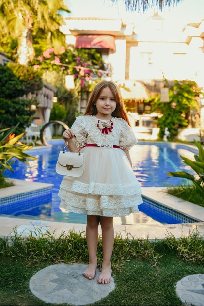 Girls' Dress with Lace Details, Bag Accessory, Tiered Skirt Girls' Dress_m2408