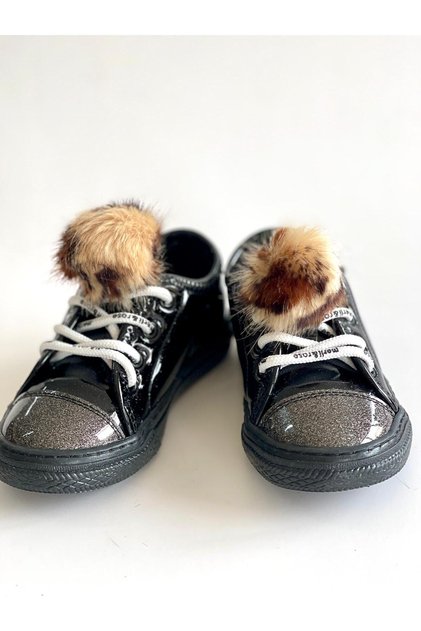 Girl's Black Glittery Pompom Sports Sneaker Shoes