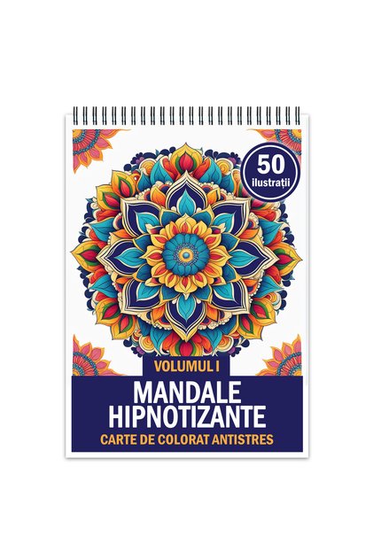 Carte de colorat antistres, 50 de ilustrații, mandale hipnotizante, 106 pagini, format: A5