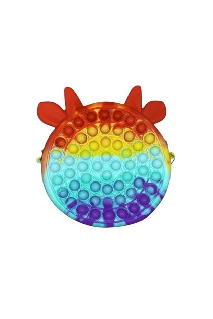 Jucarie antistres din silicon Flippy, Geanta Pop It, Vacuta, 16 cm, Curcubeu