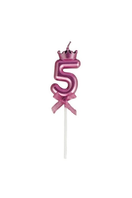 Lumânare numărul 5, model coroană cu fundă, pentru tort, 6 x 2,5 cm violet