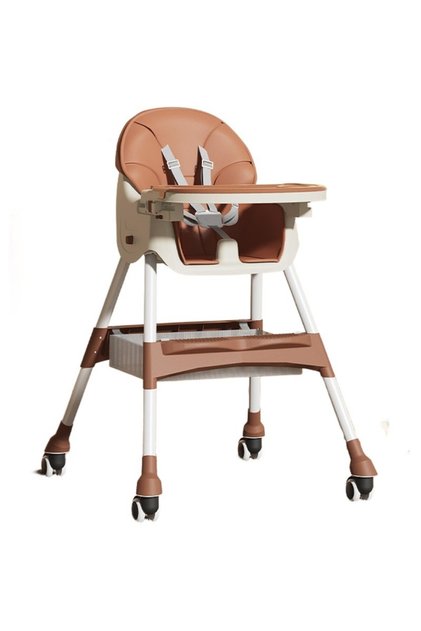 Scaun de Masă pentru Bebelusi, Roti, Telescopic, Pliabil, Masuta Reglabilă, 97x73x65 cm, Maro
