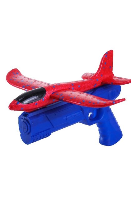 Pistol cu lansator de avion Flippy, polistiren și plastic, 3+ ani, avion 38 cm, distanță de lansare 10 m, albastru/roșu