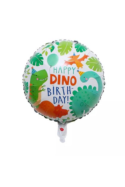 Balon folie, Flippy, La mulți ani cu dinozauri, 45 cm, umflat cu aer sau heliu, multicolor