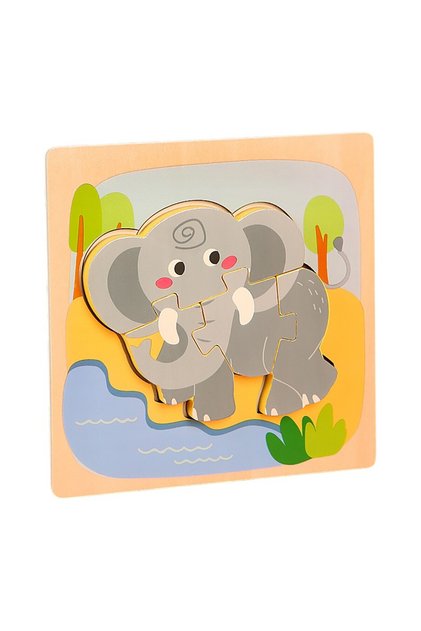 Puzzle Montessori din lemn pentru copii, Flippy, 3D, 0-3 ani, model elefant, multicolor