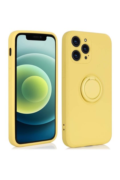 Husa protectie compatibila cu Apple iPhone 13 Liquid Silicone Ring cu suport rotativ Galben