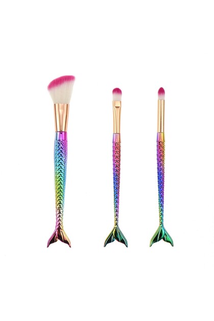 Set de 3 pensule de machiaj, formă de sirenă, galvanizate, multicolore
