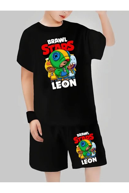 Children's Brawl Stars Leon Printed Shorts T-Shirt Bottom Top Set 100% Cotton