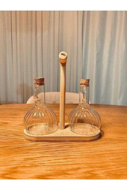 Ahşap Tabanlı ve Mantar Tıpalı, Konik Eğimli 2'li Borosilikat Sirkelik ve Yağlık(Yağdanlık) Seti