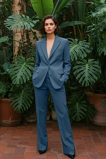 カンダミサコ park ブルー Trendyolmilla Petrol Wide Leg/Geniş Paça Yüksek Bel Dokuma Kumaş