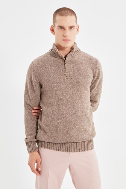 Vlněný pletený svetr s polovičním rybářským zapínáním na knoflíky Vizon Casual Slim Fit TMNAW21KZ0394