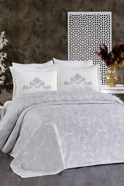 6-Piece Cotton Pique Bed Cover Embroidered Mina Double Duvet Cover Set Gray