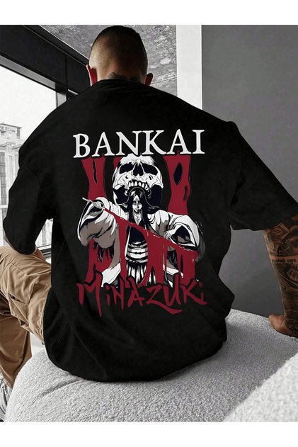 Tricou unisex cu design anime de supradimensionat de ani, cu textul „Bankai Minazuki”.
