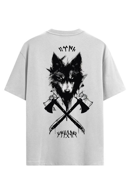 Wolf Back Printed Special Design Oversize T-Shirt Göktürk Letters