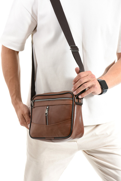 Geantă de umăr orizontală pentru bărbați din piele naturală, geantă crossbody, cu curea reglabilă detașabilă, culoare cafenie