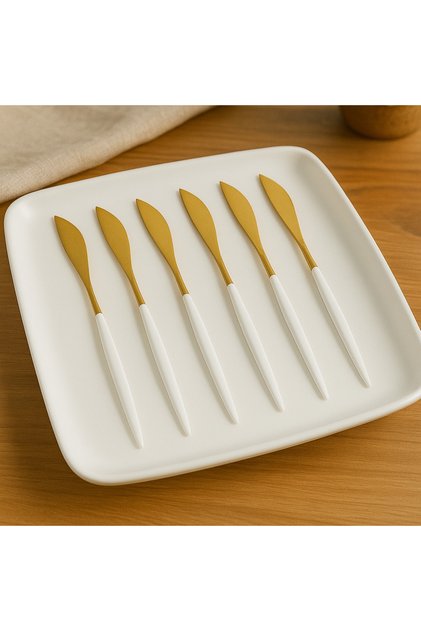 6 adet paslanmaz çelik gold beyaz saplı yemek bıçağı yuvarlak ağızlı